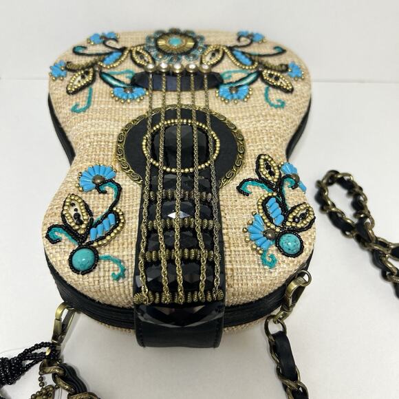 Mary Frances Unplugged Cream Woven and NWT Turquoise Beaded Guitar Bag *RARE - Picture 9 of 16